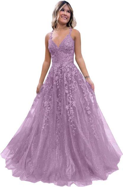 Tulle Lace Appliques Sparkly Prom Dresses A Line with Slit V Neck Formal Party Dress-BMbridal.UK
