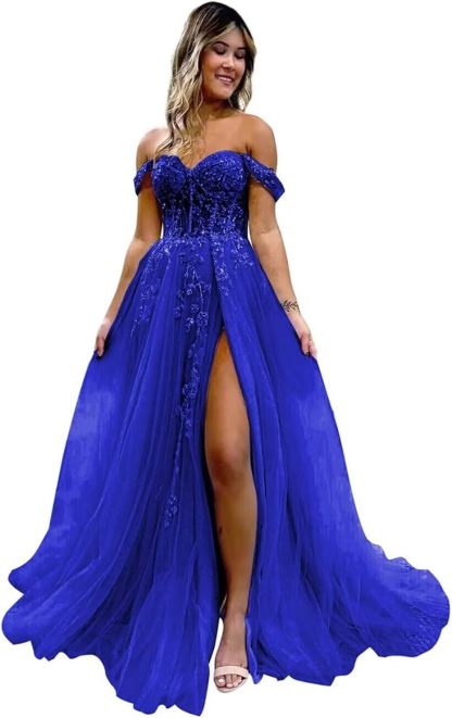Off The Shoulder Tulle Prom Dresses with Slit Laces Applique Sweetheart Long Formal Evening Party Gowns-BMbridal.UK