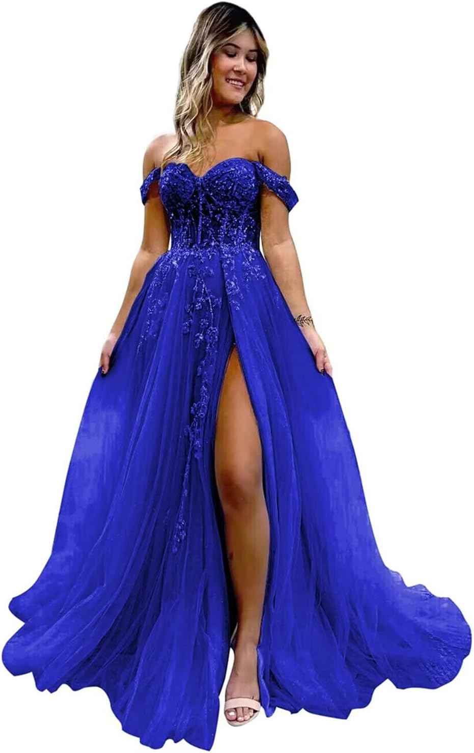 Off The Shoulder Tulle Prom Dresses with Slit Laces Applique Sweetheart Long Formal Evening Party Gowns-BMbridal.UK