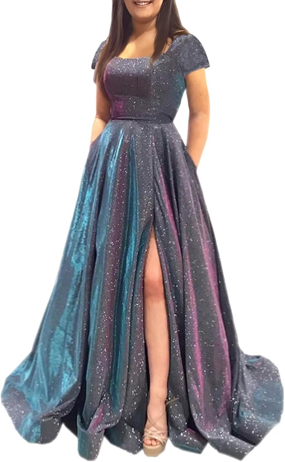 Prom Dresses Long A Line with Pockets Formal Evening Ball Gowns Side Slit Glitter Party Dress-BMbridal.UK