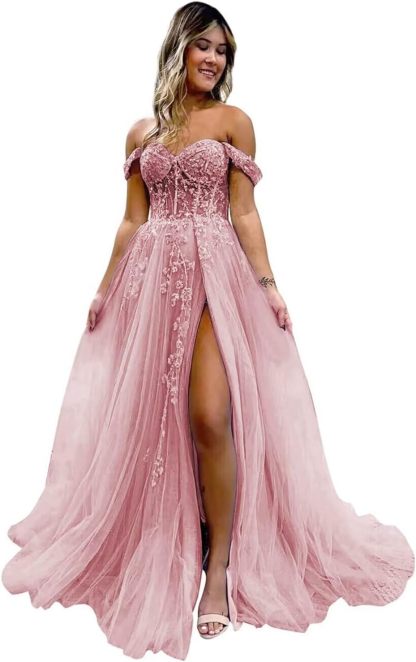 Off The Shoulder Tulle Prom Dresses with Slit Laces Applique Sweetheart Long Formal Evening Party Gowns-BMbridal.UK