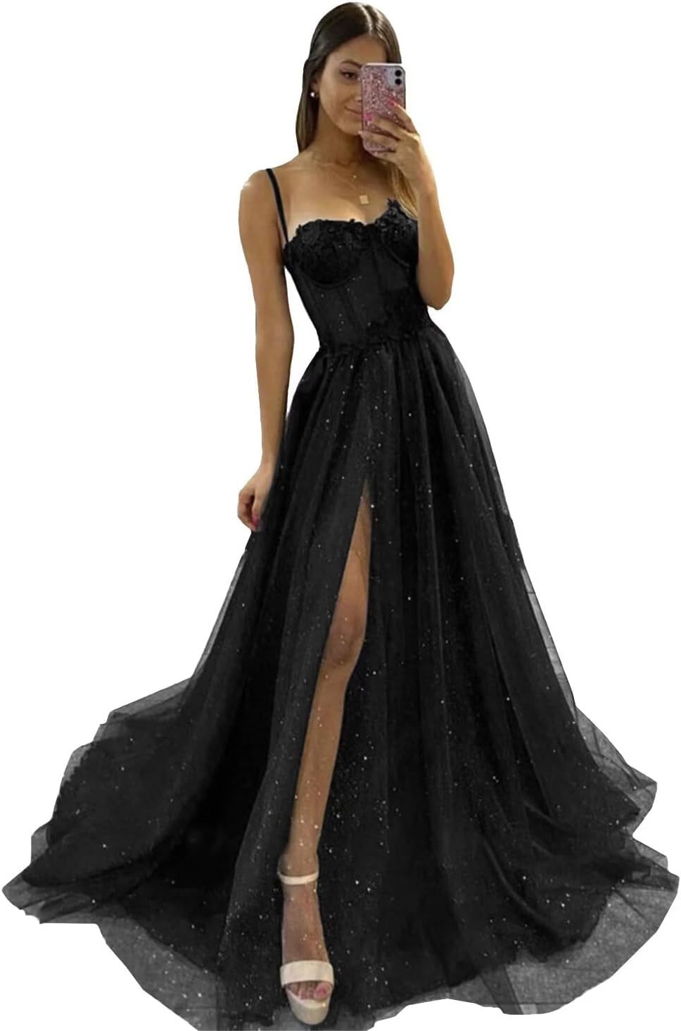 Glitter Tulle Prom Dresses Long 2025 Spaghetti Straps Sweetheart 3D Flowers Evening Party Gowns with Slit-BMbridal.UK