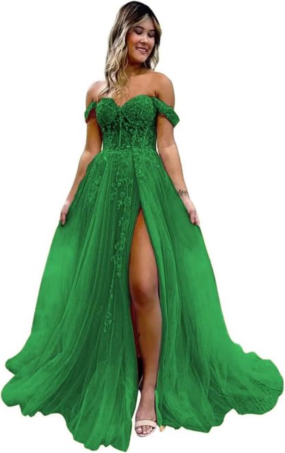 Off The Shoulder Tulle Prom Dresses with Slit Laces Applique Sweetheart Long Formal Evening Party Gowns-BMbridal.UK