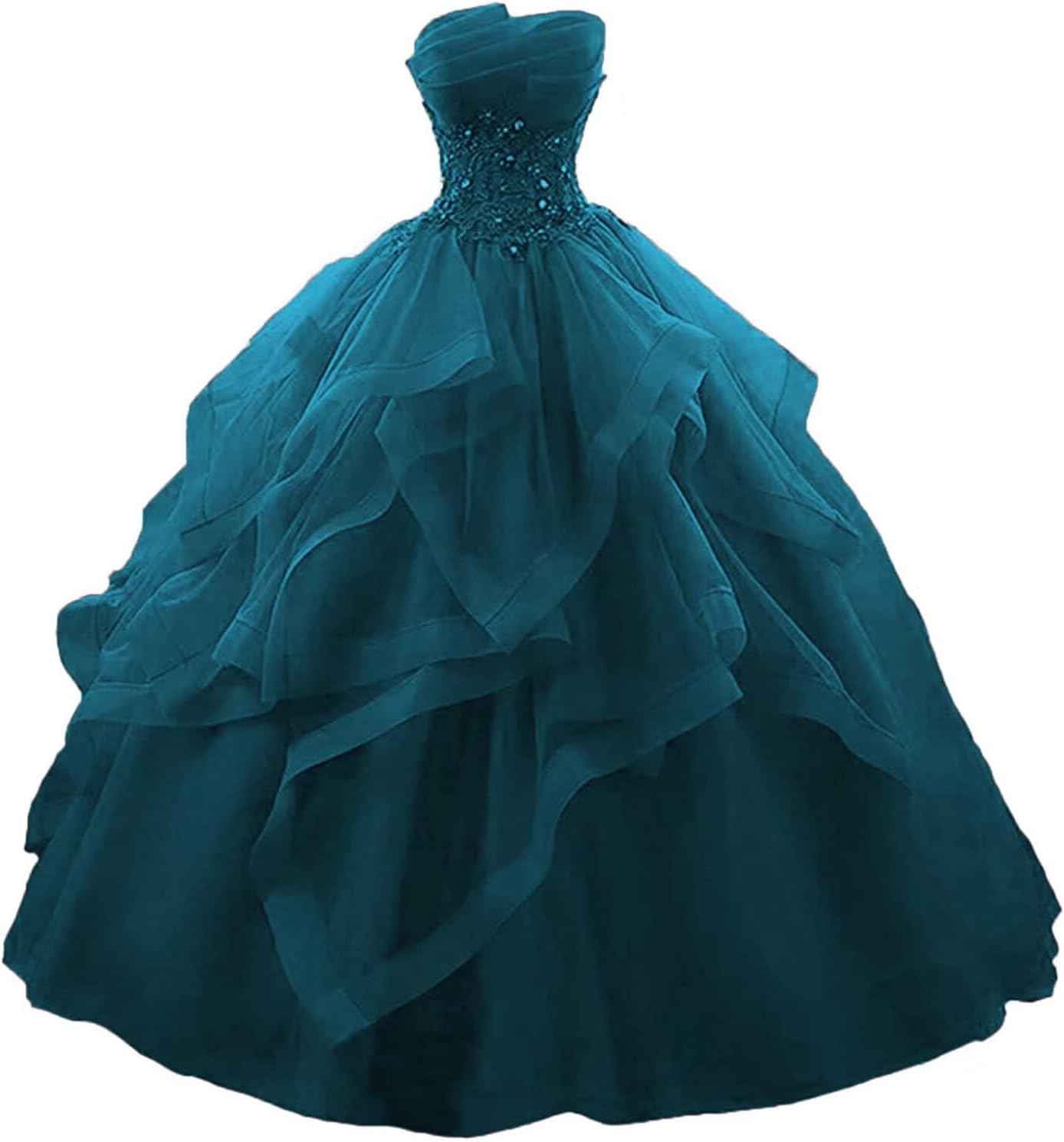 Prom Dress Long Ruffles Ball Gown Quinceanera Dresses Strapless Lace Tulle Beaded Princess Evening Dress-BMbridal.UK