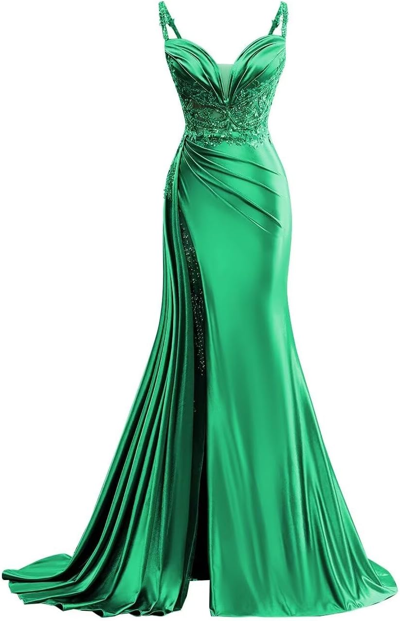 V Neck Satin Prom Dresses Long Mermaid Lace Evening Gown with Slit Pleated Bodycon Formal Dress with Tail-BMbridal.UK