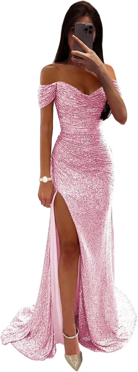 Sequin Prom Dresses for Women Off Shoulder V-Neck Long Ball Gown with Slit Formal Evening Party-BMbridal.UK