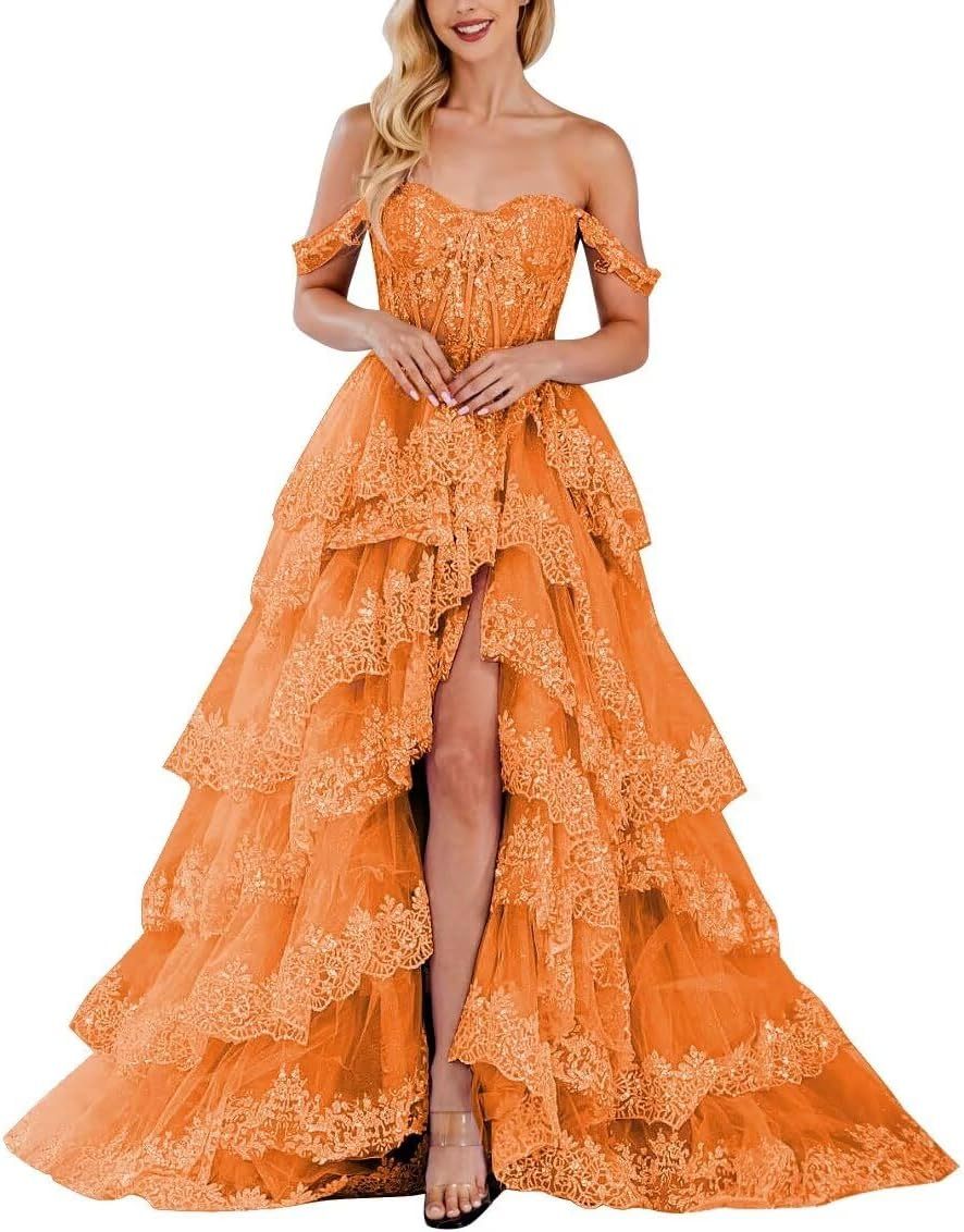 Lace Appliques Prom Dresses for Women Sparkly Tiered Tulle Off The Shoulder Formal Evening Gowns with Slit-BMbridal.UK