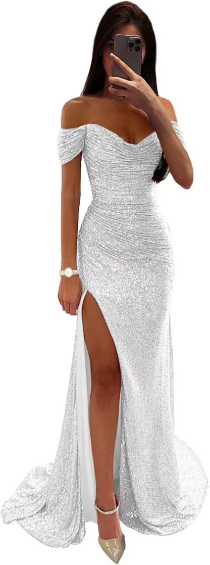 Sequin Prom Dresses for Women Off Shoulder V-Neck Long Ball Gown with Slit Formal Evening Party-BMbridal.UK