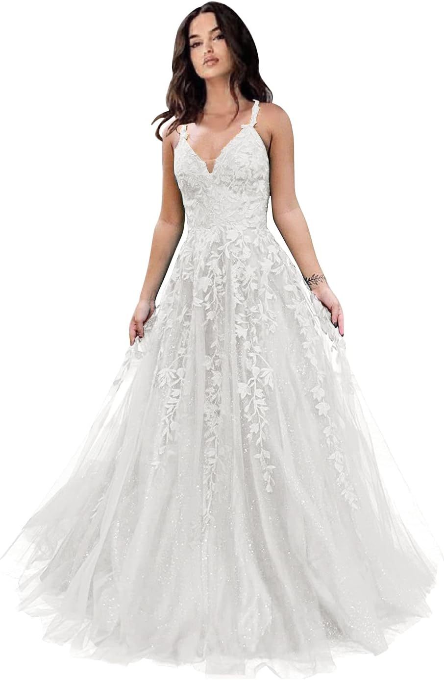 Tulle Prom Dresses for Women 2025 Sparkly Lace Appliques Long Ball Gowns Spaghetti Straps A-Line Evening Gowns-BMbridal.UK