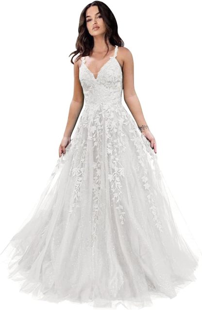 Tulle Prom Dresses for Women 2025 Sparkly Lace Appliques Long Ball Gowns Spaghetti Straps A-Line Evening Gowns-BMbridal.UK