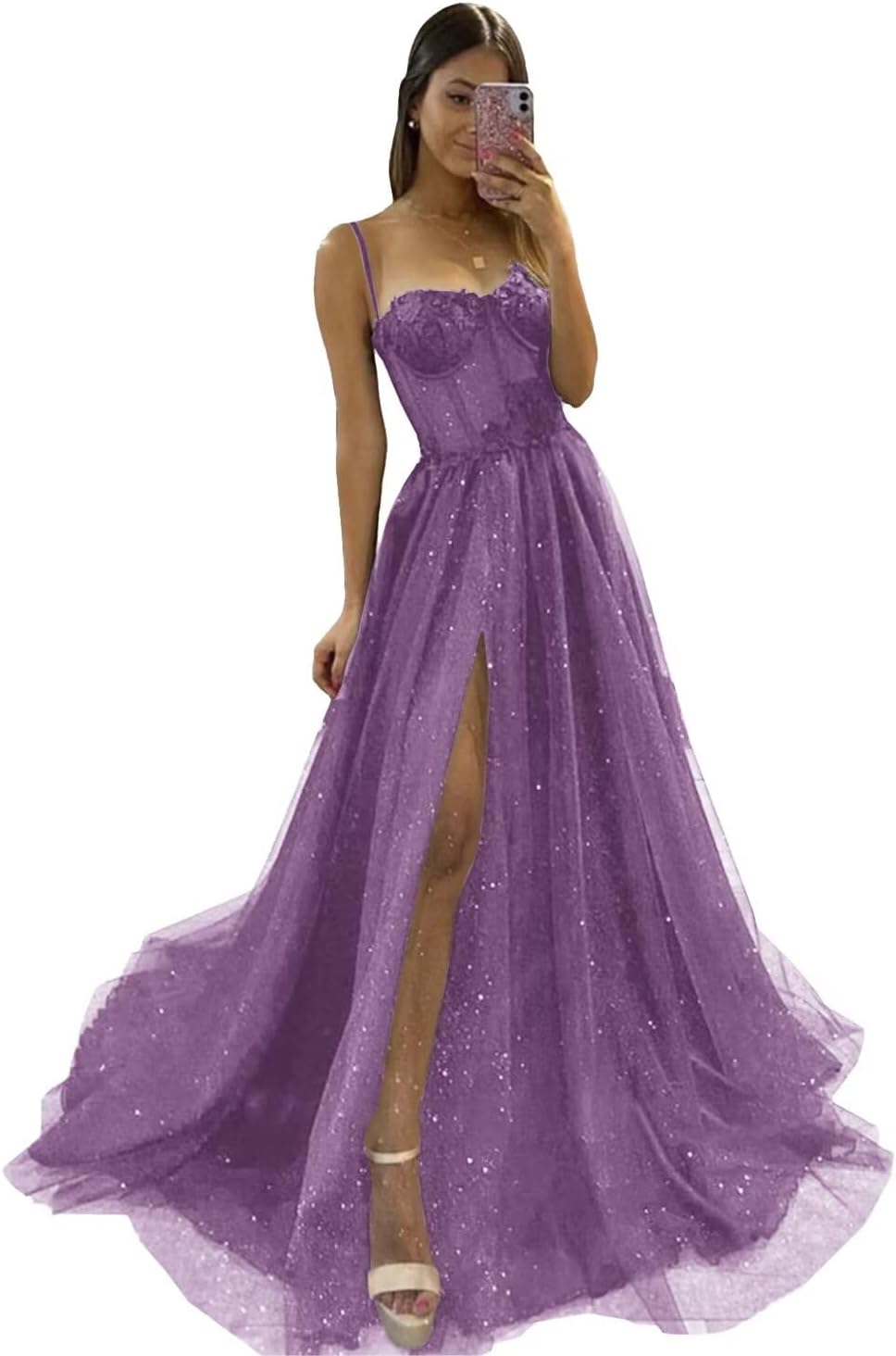 Glitter Tulle Prom Dresses Long 2025 Spaghetti Straps Sweetheart 3D Flowers Evening Party Gowns with Slit-BMbridal.UK