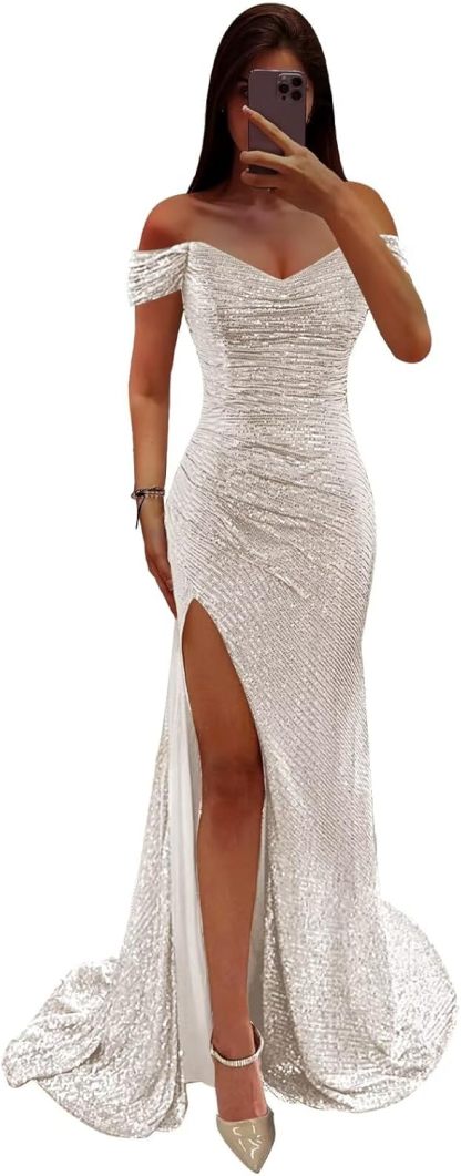 Sequin Prom Dresses for Women Off Shoulder V-Neck Long Ball Gown with Slit Formal Evening Party-BMbridal.UK