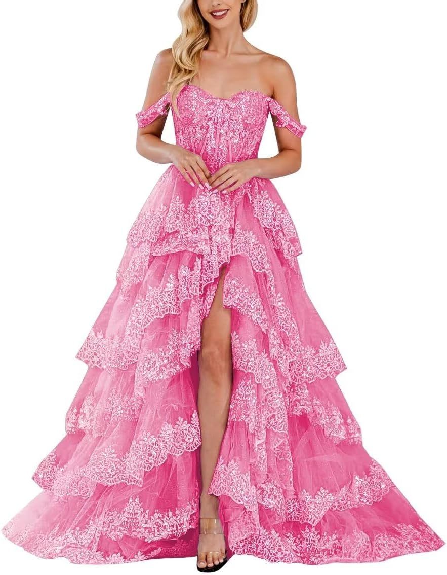Lace Appliques Prom Dresses for Women Sparkly Tiered Tulle Off The Shoulder Formal Evening Gowns with Slit-BMbridal.UK