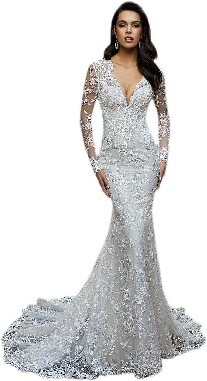 Loyeloy Women's Wedding Dresses for Bride 2025 Sexy V Neck Slit Lace Bridal Wedding Gowns for Bride YJ010-BMbridal.UK