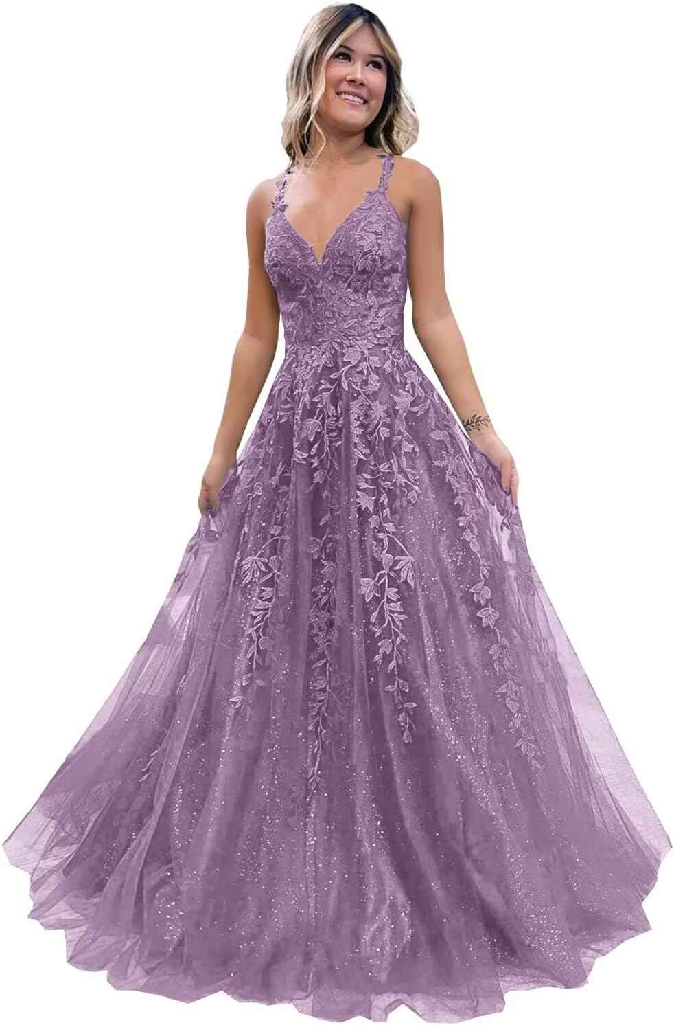 Tulle Lace Appliques Sparkly Prom Dresses A Line with Slit V Neck Formal Party Dress-BMbridal.UK