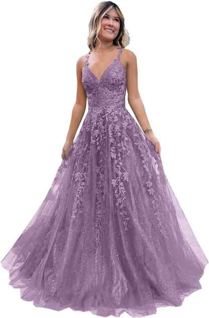 Tulle Lace Appliques Sparkly Prom Dresses A Line with Slit V Neck Formal Party Dress-BMbridal.UK