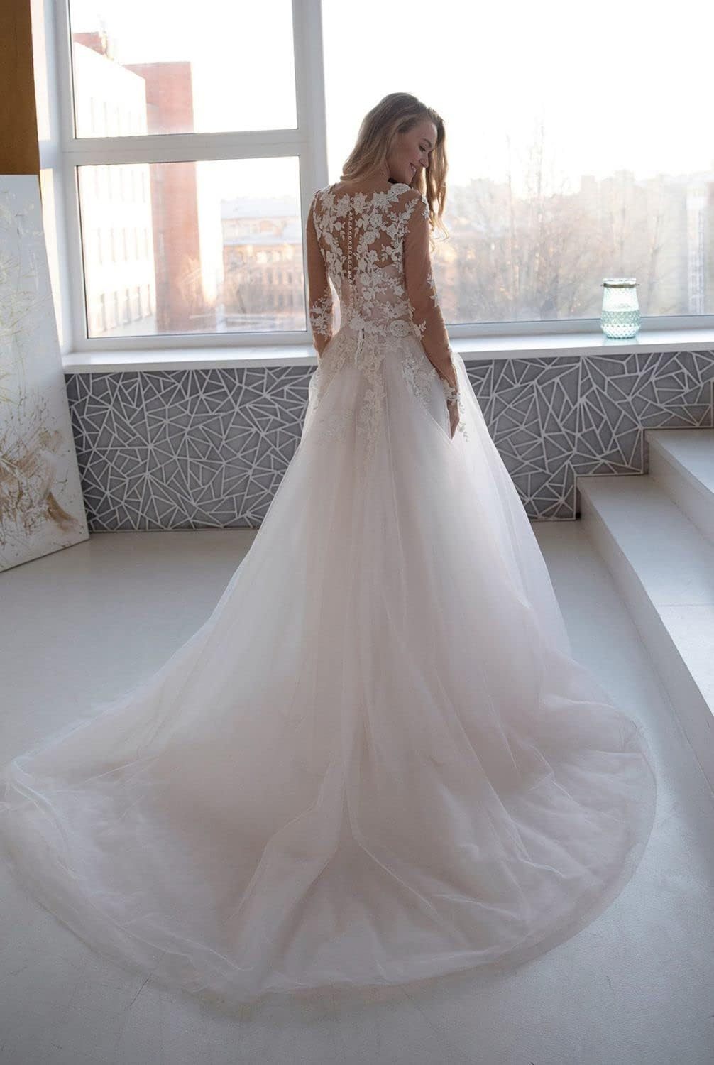 Loyeloy Women's Wedding Dresses for Bride 2025 Sexy V Neck Slit Lace Bridal Wedding Gowns for Bride YJ010-BMbridal.UK