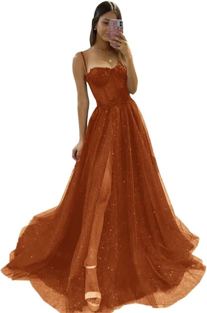 Glitter Tulle Prom Dresses Long 2025 Spaghetti Straps Sweetheart 3D Flowers Evening Party Gowns with Slit-BMbridal.UK