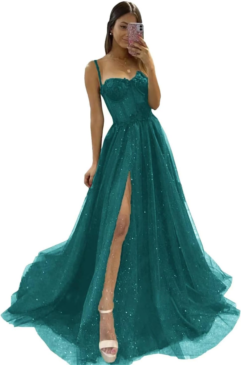 Glitter Tulle Prom Dresses Long 2025 Spaghetti Straps Sweetheart 3D Flowers Evening Party Gowns with Slit-BMbridal.UK