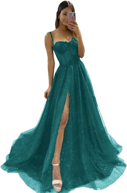 Glitter Tulle Prom Dresses Long 2025 Spaghetti Straps Sweetheart 3D Flowers Evening Party Gowns with Slit-BMbridal.UK