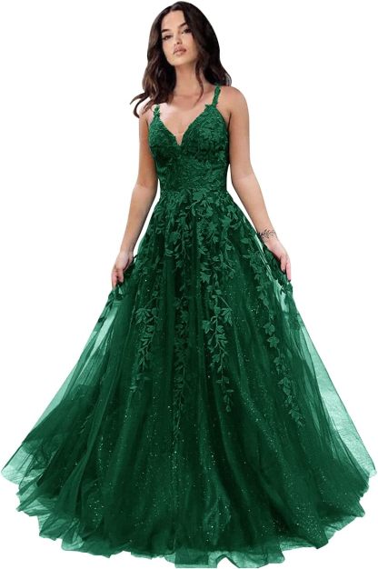Tulle Prom Dresses for Women 2025 Sparkly Lace Appliques Long Ball Gowns Spaghetti Straps A-Line Evening Gowns-BMbridal.UK