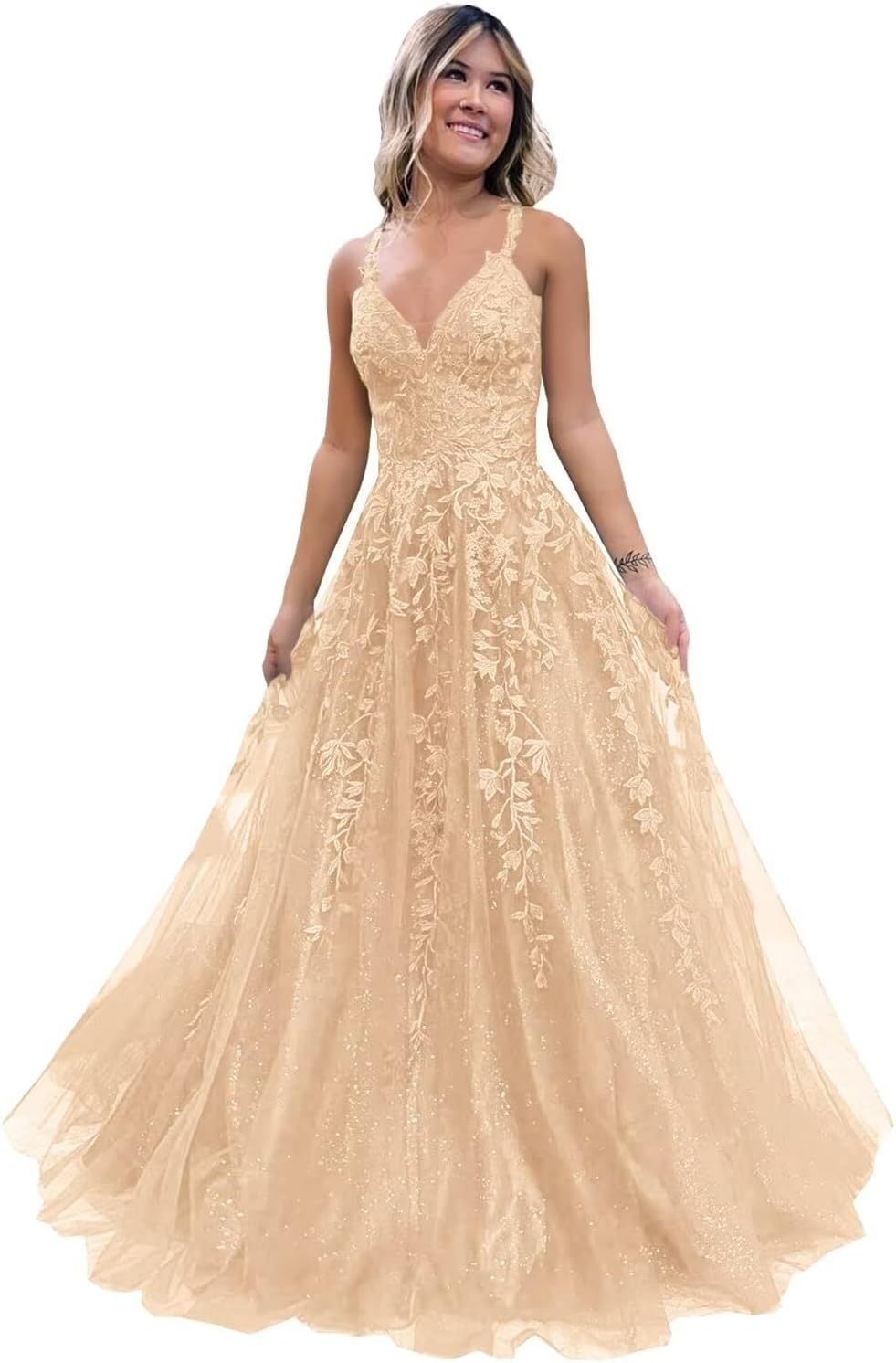 Tulle Lace Appliques Sparkly Prom Dresses A Line with Slit V Neck Formal Party Dress-BMbridal.UK