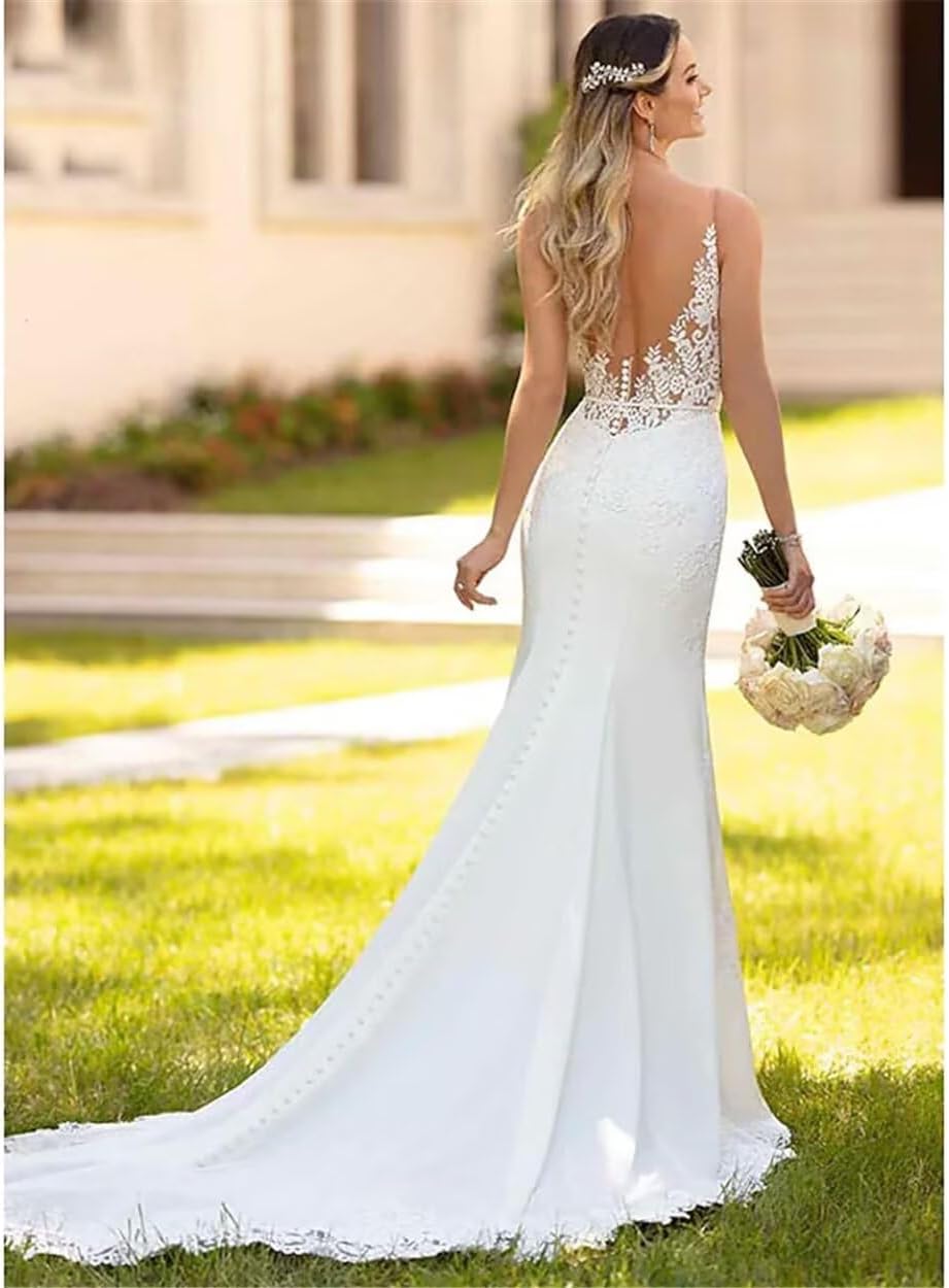 Women's Beach Spaghetti Strap Wedding Dresses for Bride 2025 Boho Long Lace Bridal Gowns for Wedding-BMbridal.UK
