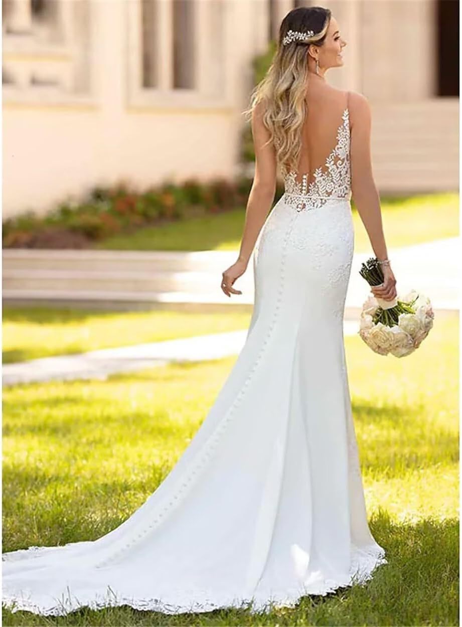 Women's Beach Spaghetti Strap Wedding Dresses for Bride 2025 Boho Long Lace Bridal Gowns for Wedding-BMbridal.UK