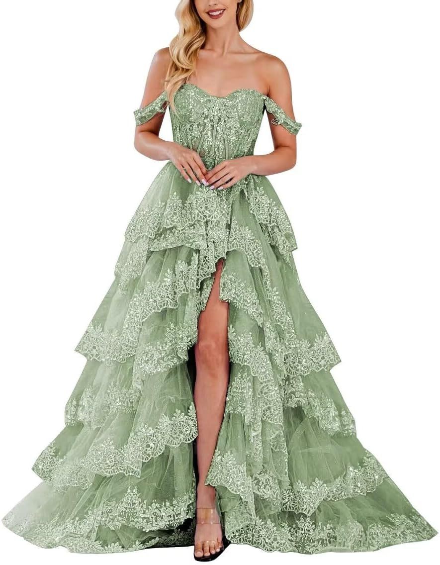 Lace Appliques Prom Dresses for Women Sparkly Tiered Tulle Off The Shoulder Formal Evening Gowns with Slit-BMbridal.UK