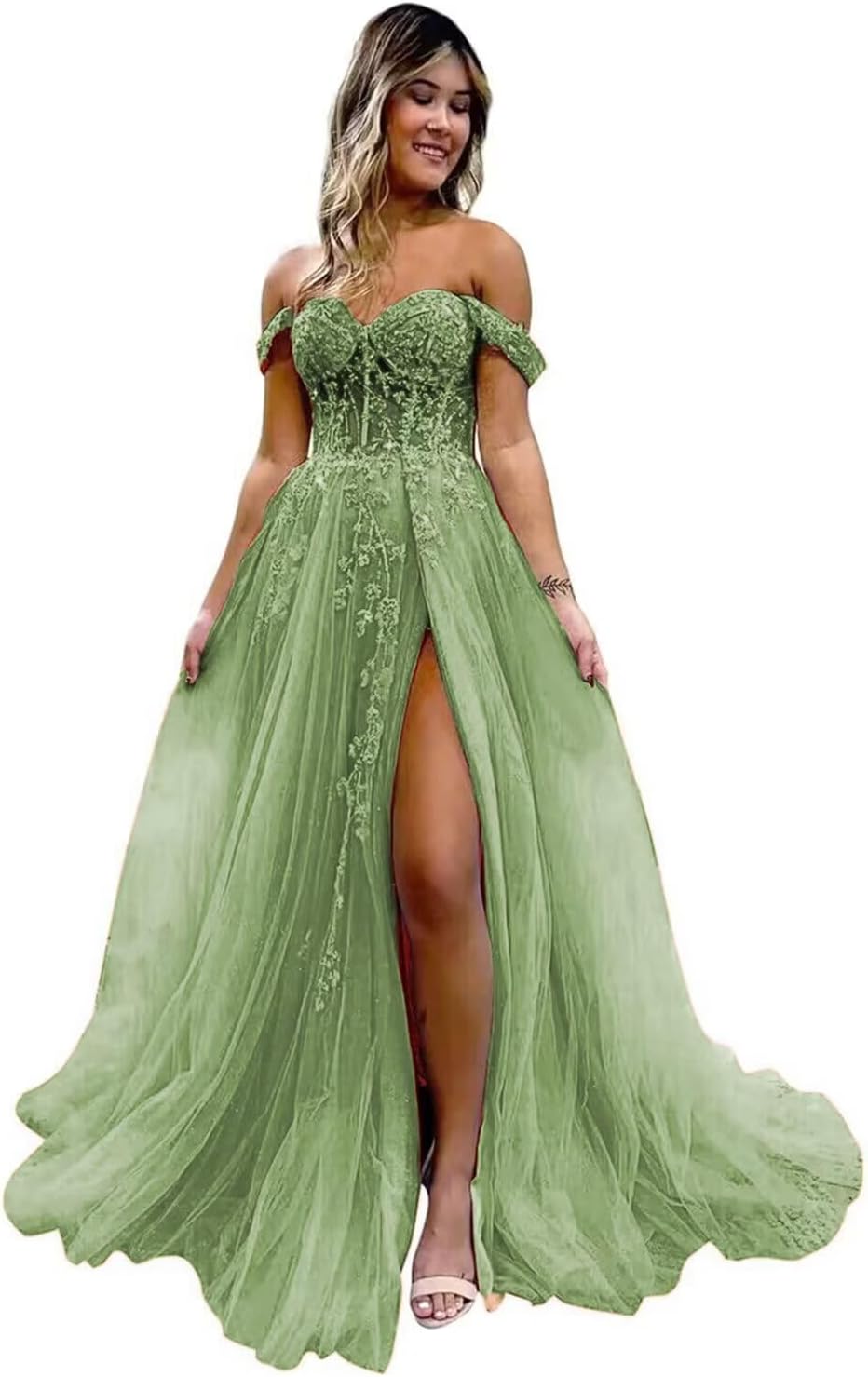 Off The Shoulder Tulle Prom Dresses with Slit Laces Applique Sweetheart Long Formal Evening Party Gowns-BMbridal.UK