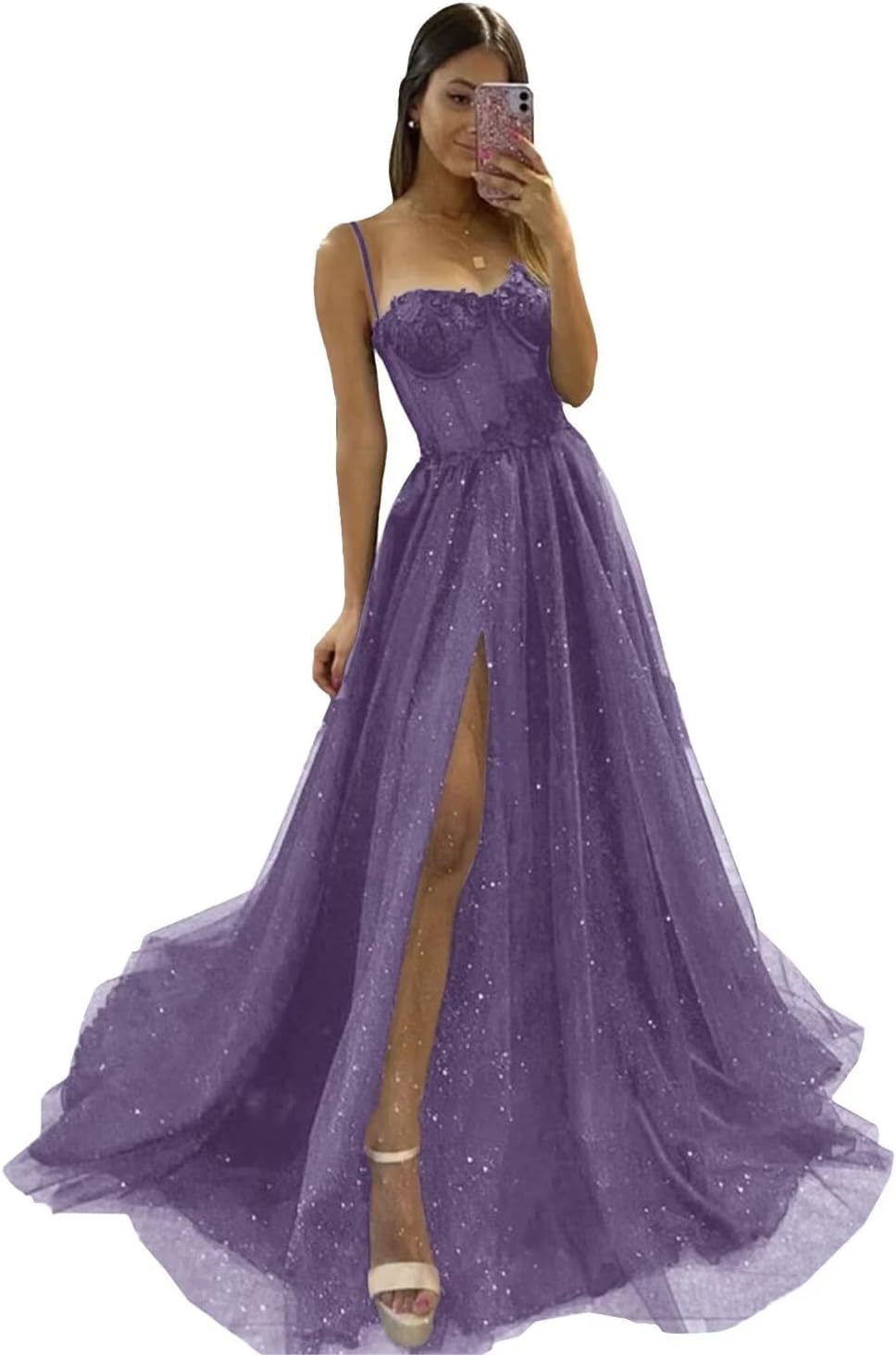 Glitter Tulle Prom Dresses Long 2025 Spaghetti Straps Sweetheart 3D Flowers Evening Party Gowns with Slit-BMbridal.UK