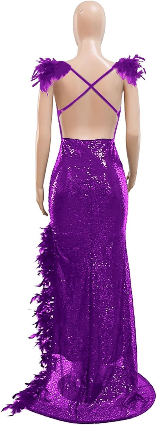 Women's Sexy Sequin Feather Prom Dresses 2025 High Slit Deep V Neck Evening Formal Masquerade Ball Gown Maxi Dress-BMbridal.UK