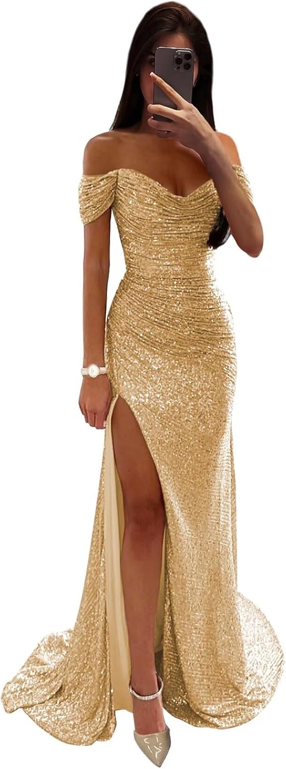 Sequin Prom Dresses for Women Off Shoulder V-Neck Long Ball Gown with Slit Formal Evening Party-BMbridal.UK