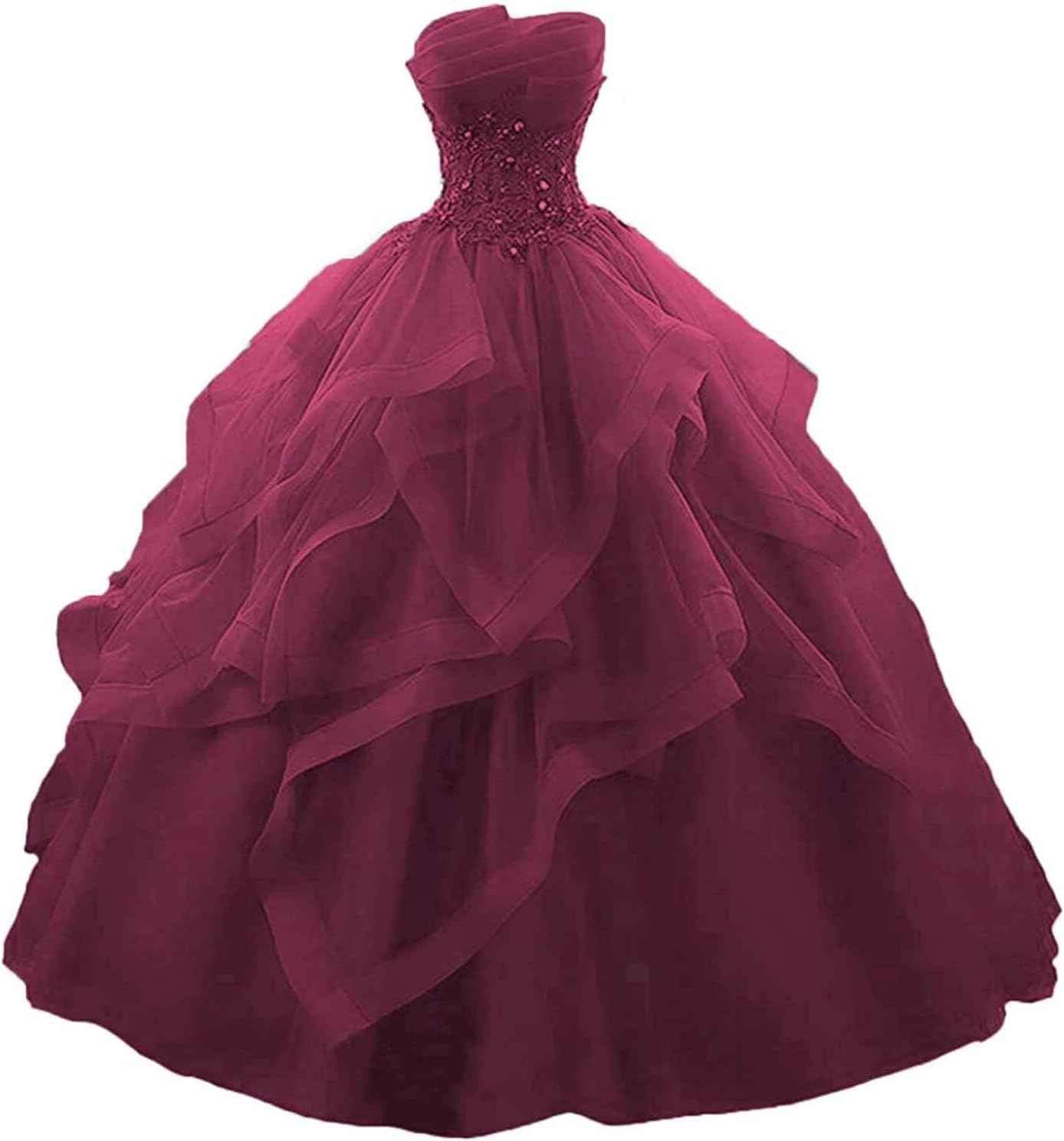 Prom Dress Long Ruffles Ball Gown Quinceanera Dresses Strapless Lace Tulle Beaded Princess Evening Dress-BMbridal.UK