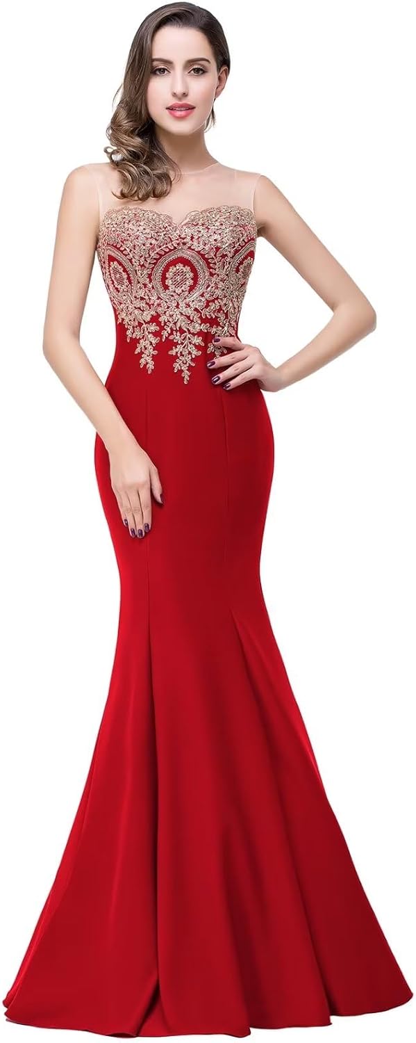 Women's Lace Applique Long Formal Mermaid Evening Prom Dresses-BMbridal.UK