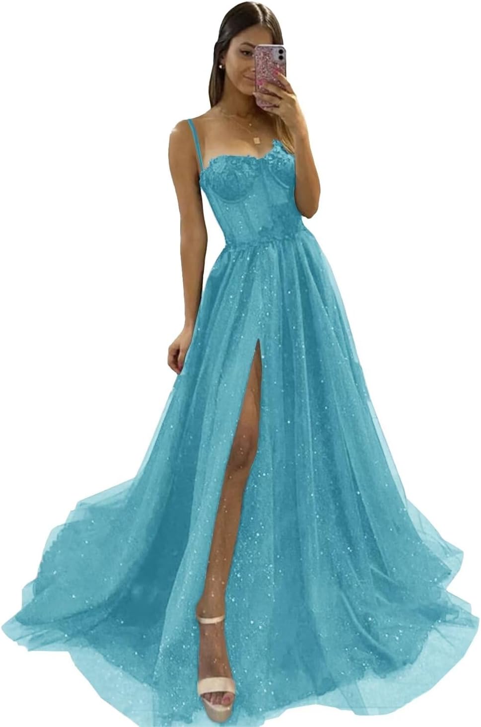 Glitter Tulle Prom Dresses Long 2025 Spaghetti Straps Sweetheart 3D Flowers Evening Party Gowns with Slit-BMbridal.UK
