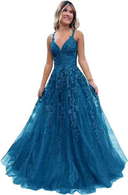 Tulle Lace Appliques Sparkly Prom Dresses A Line with Slit V Neck Formal Party Dress-BMbridal.UK