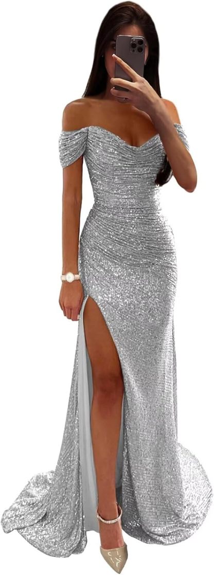 Sequin Prom Dresses for Women Off Shoulder V-Neck Long Ball Gown with Slit Formal Evening Party-BMbridal.UK