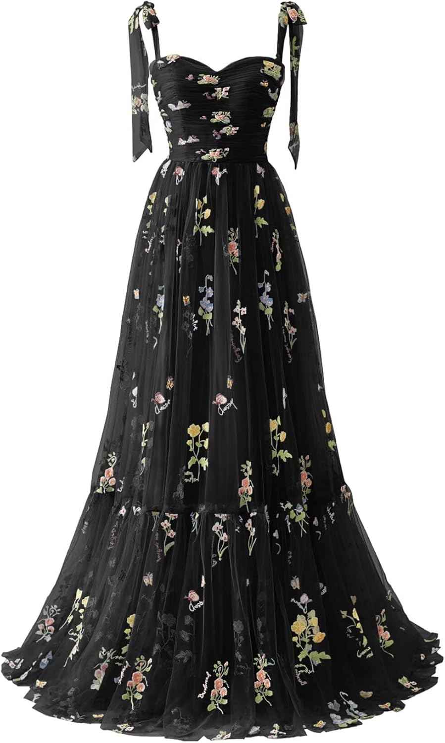 Women's Flower Embroidery Tulle Prom Dresses 2025 Long Spaghetti Straps Evening Party Gowns-BMbridal.UK