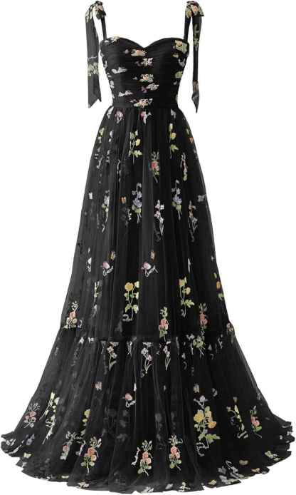 Women's Flower Embroidery Tulle Prom Dresses 2025 Long Spaghetti Straps Evening Party Gowns-BMbridal.UK