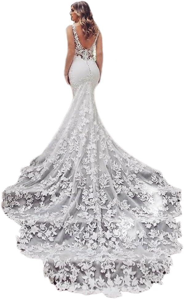 Loyeloy Women's Wedding Dresses for Bride 2025 Sexy V Neck Slit Lace Bridal Wedding Gowns for Bride YJ010-BMbridal.UK