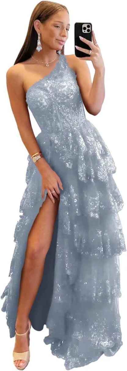 One Shoulder Lace Tulle Tiered Prom Dress Sparkly Sequined Applique Long Maxi Formal Evening Party Gowns 2025-BMbridal.UK
