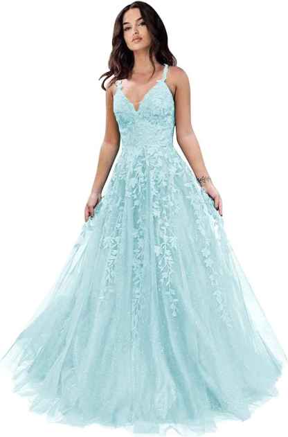 Tulle Prom Dresses for Women 2025 Sparkly Lace Appliques Long Ball Gowns Spaghetti Straps A-Line Evening Gowns-BMbridal.UK