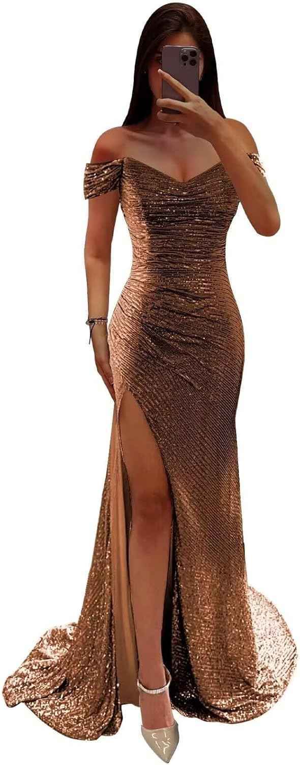 Sequin Prom Dresses for Women Off Shoulder V-Neck Long Ball Gown with Slit Formal Evening Party-BMbridal.UK