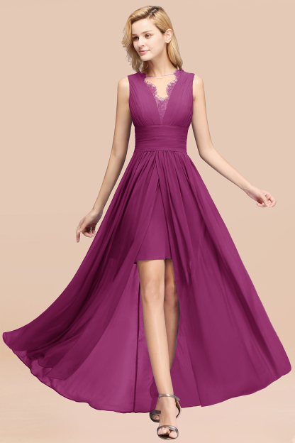 BMbridal Elegant Chiffon Lace Jewel Sleeveless Bridesmaid Dress with Ruffle-BMbridal