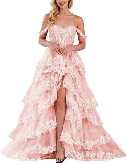 Lace Appliques Prom Dresses for Women Sparkly Tiered Tulle Off The Shoulder Formal Evening Gowns with Slit-BMbridal.UK