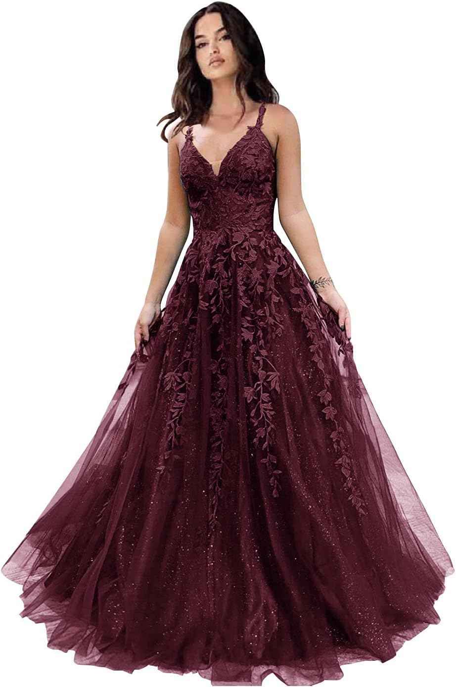Tulle Prom Dresses for Women 2025 Sparkly Lace Appliques Long Ball Gowns Spaghetti Straps A-Line Evening Gowns-BMbridal.UK