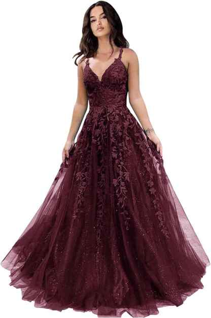 Tulle Prom Dresses for Women 2025 Sparkly Lace Appliques Long Ball Gowns Spaghetti Straps A-Line Evening Gowns-BMbridal.UK