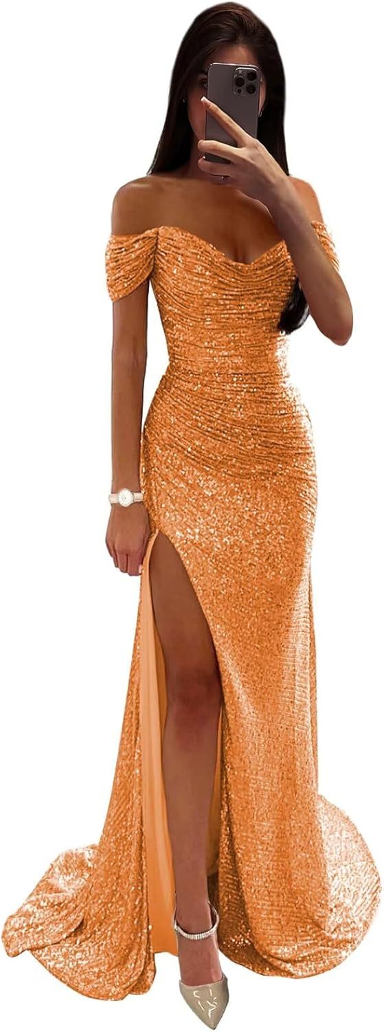 Sequin Prom Dresses for Women Off Shoulder V-Neck Long Ball Gown with Slit Formal Evening Party-BMbridal.UK