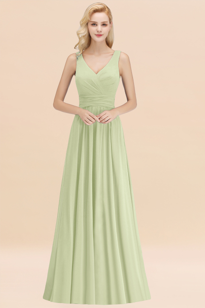 BMbridal Modest Sleeveless V-Neck Long Chiffon Bridesmaid Dress Online with Ruffle-BMbridal